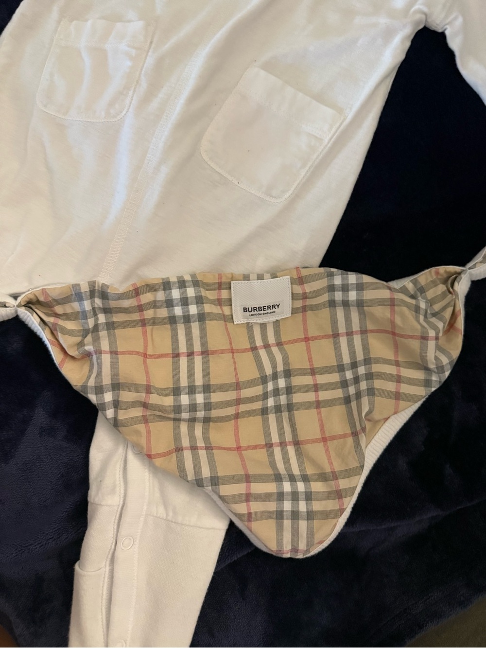 Burberry White Infant Romper with Signature Nova Check Trim - Picture 4 of 7